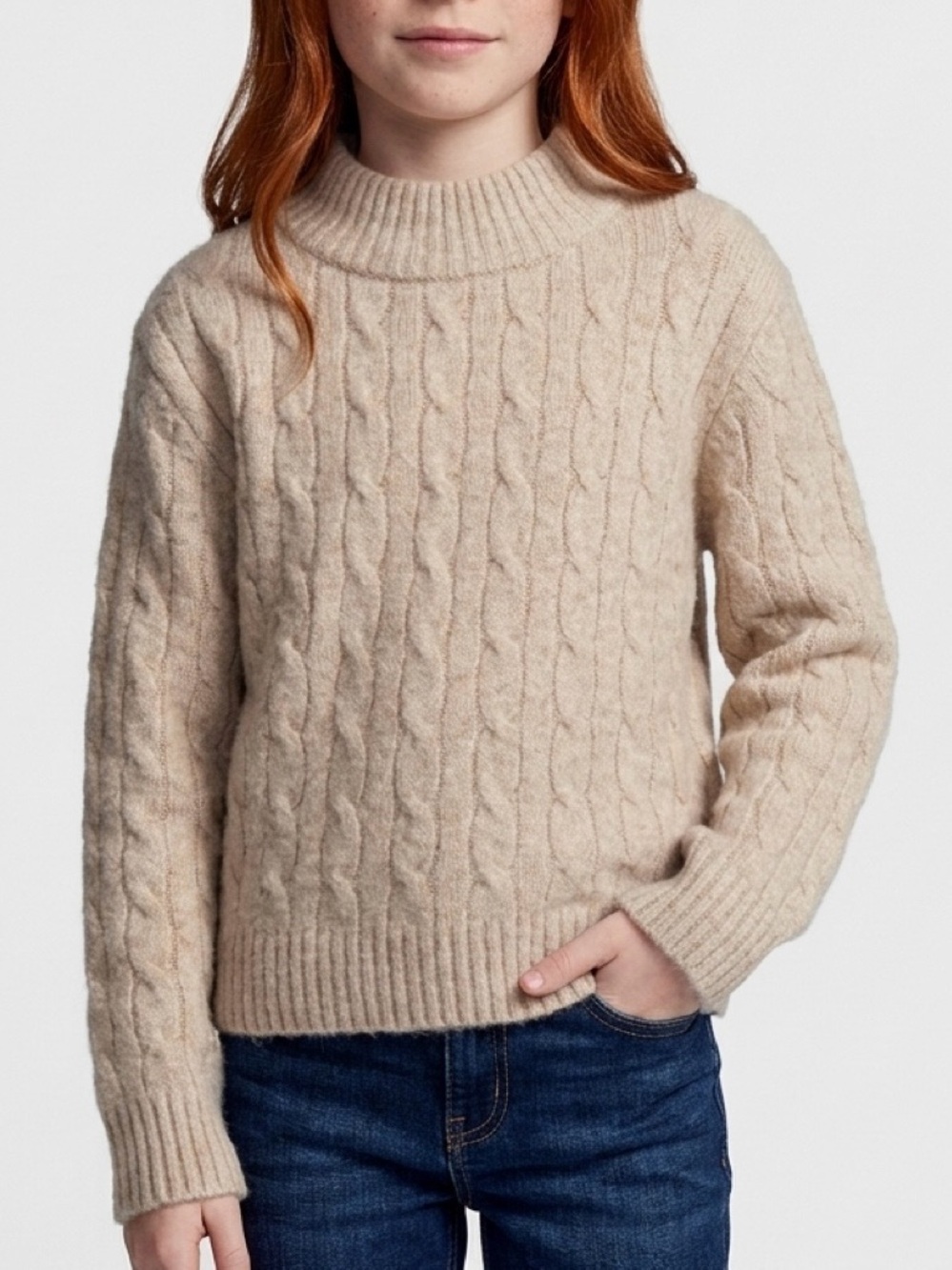 J.Crew Crewcuts Girls Cable Knit Mockneck Sweater Beige Cream Wool Blend XS 4-5